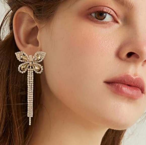 Butterfly Chandelier Pave Rhinestone Gold CZ Crystal Earrings Butterflies New - Picture 5 of 6